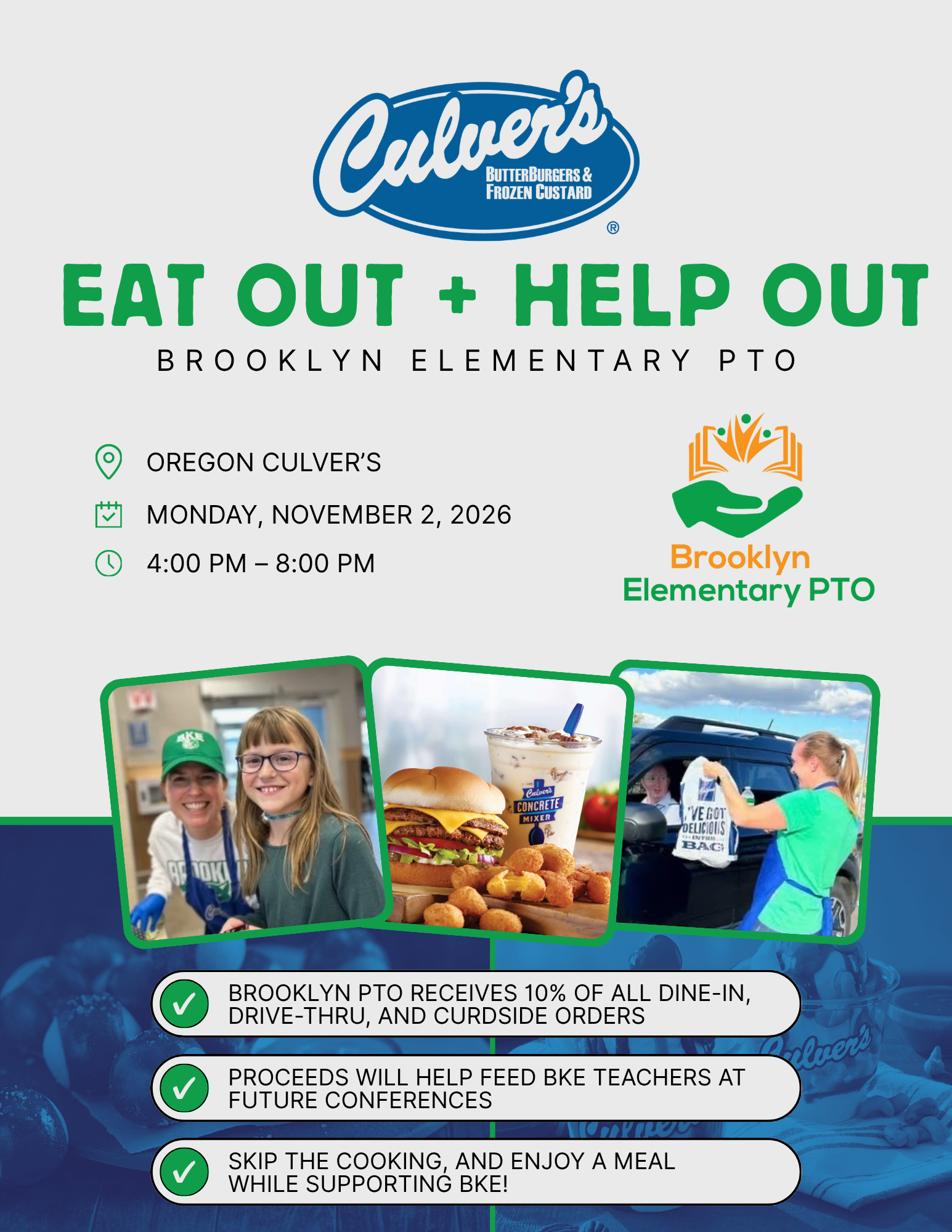 Brooklyn Elementary PTO Eat Out + Help Out  Oregon Culver's Monday, November 2, 2026 4 to 8 pm